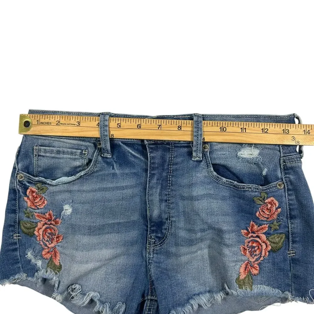 Mudd Jean Shorts 5 High Rise Shortie Floral Embroidered Frayed Raw Hem Stretch - Picture 11 of 13